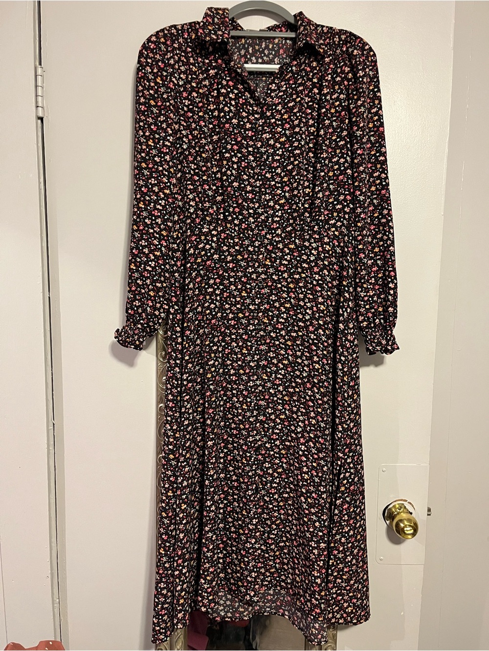 LOFT Black Long Sleeve Midi Dress with Pink & Cream Floral Print